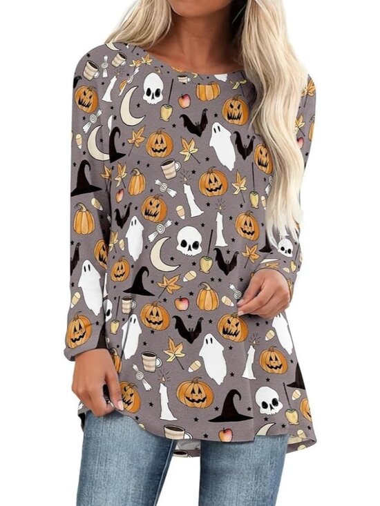 Tops - Women's Grey Skull Crew Neck Loose Fit Dressy SOLID Raglan Sleeve Tunic Tops